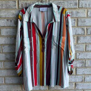 Alex & Parker 3/4 Sleeve Half Button Collared Striped Shirt Women's Size 3X